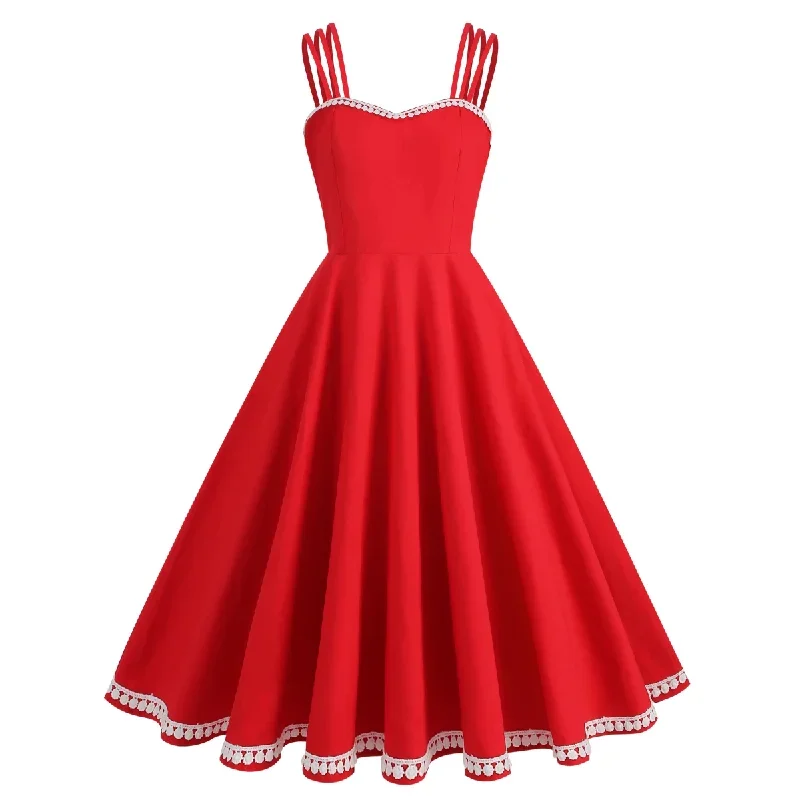 Red 1950s Lace Strap Swing Dress