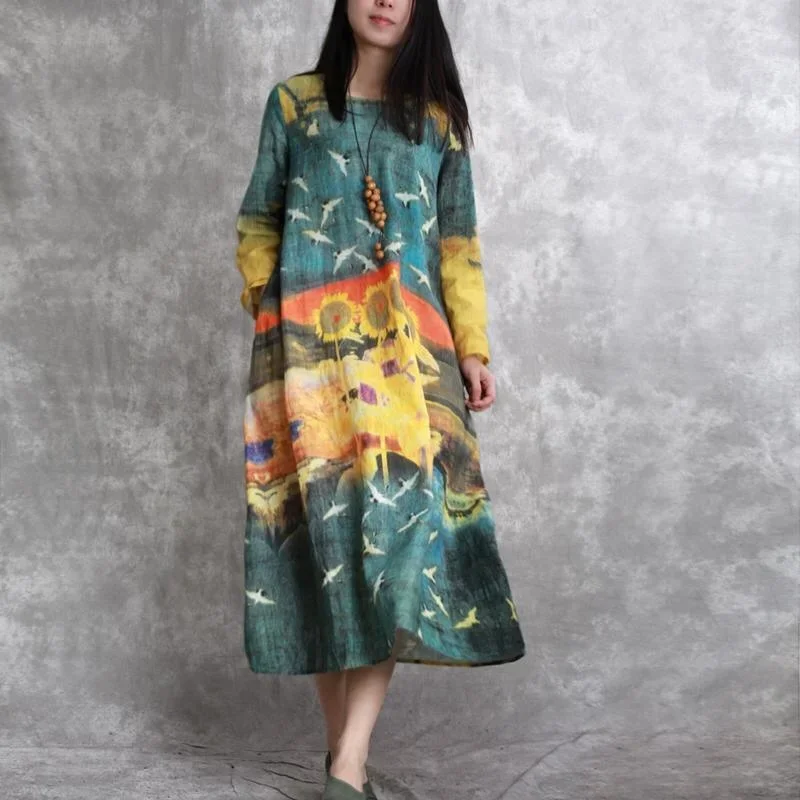 2024 Floral Long Chiffon Dress Oversized Long Sleeve Traveling Clothing Vintage Brief Kaftans (Limited Stock)