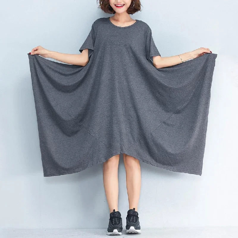 2024 gray long cotton dresses plus size clothing asymmetric hem cotton clothing dress casual short sleeve gown