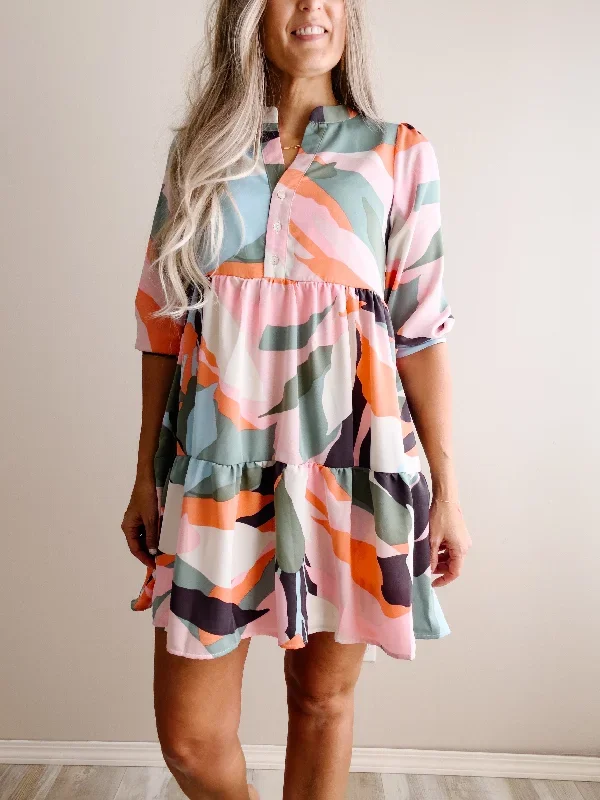 3/4 SLEEVE BUTTON DOWN ABSTRACT PRINT DRESS