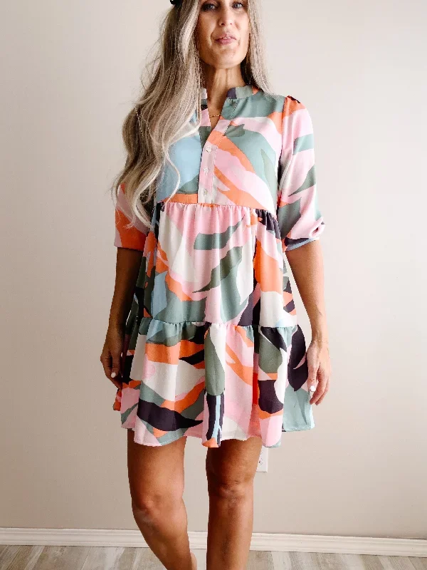 3-4-sleeve-button-down-abstract-print-dress