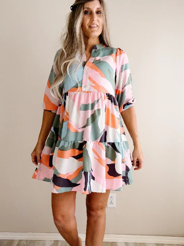 3-4-sleeve-button-down-abstract-print-dress