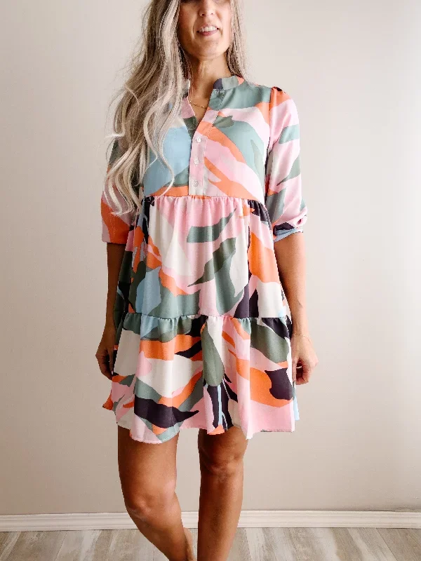 3-4-sleeve-button-down-abstract-print-dress