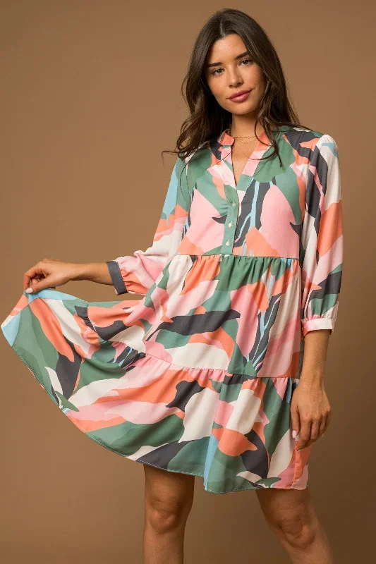 3-4-sleeve-button-down-abstract-print-dress