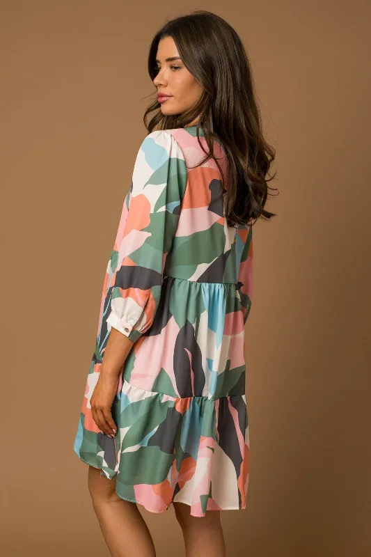 3-4-sleeve-button-down-abstract-print-dress