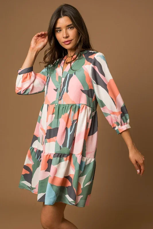 3-4-sleeve-button-down-abstract-print-dress