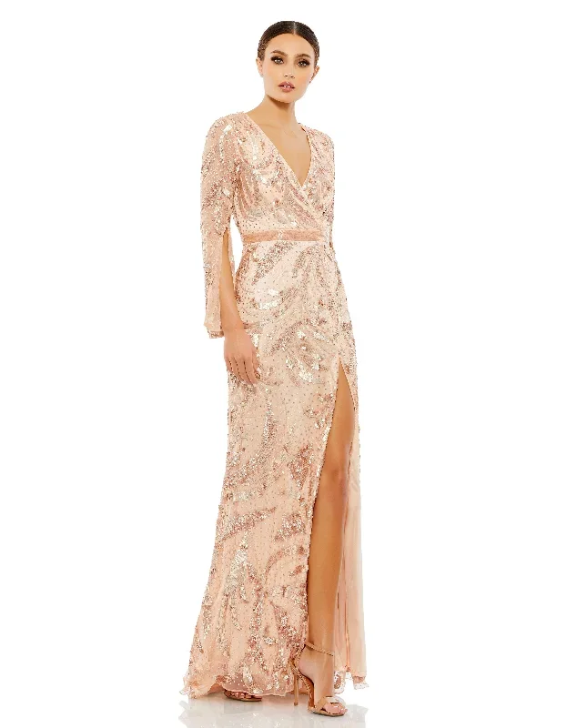 Sequined Faux Wrap Split Long Sleeve Gown