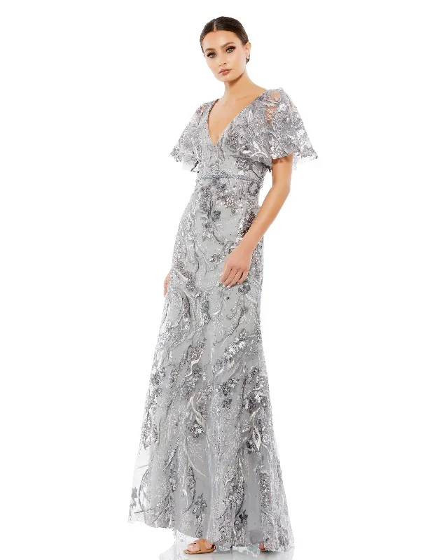 Embellished V Neck Butterfly Sleeve Trumpet Gown