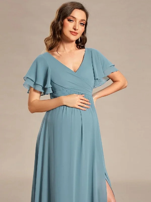 a-line-ruffles-sleeve-front-slit-pleated-chiffon-maternity-dress-ey01862