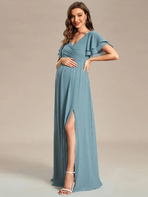 a-line-ruffles-sleeve-front-slit-pleated-chiffon-maternity-dress-ey01862