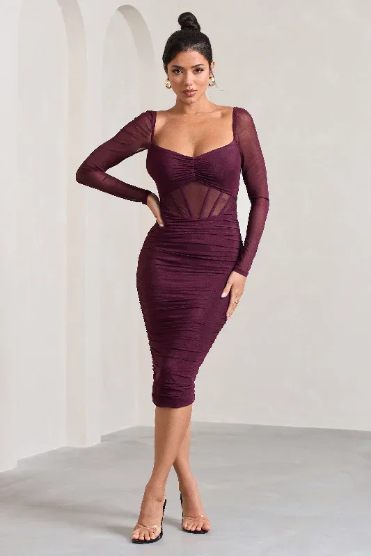 Abiba | Burgundy Ruched Mesh Corset Midi Dress With Long Sleeves