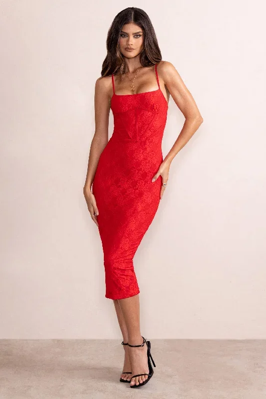 Anele | Red Lace Overlay Corset Midi Dress