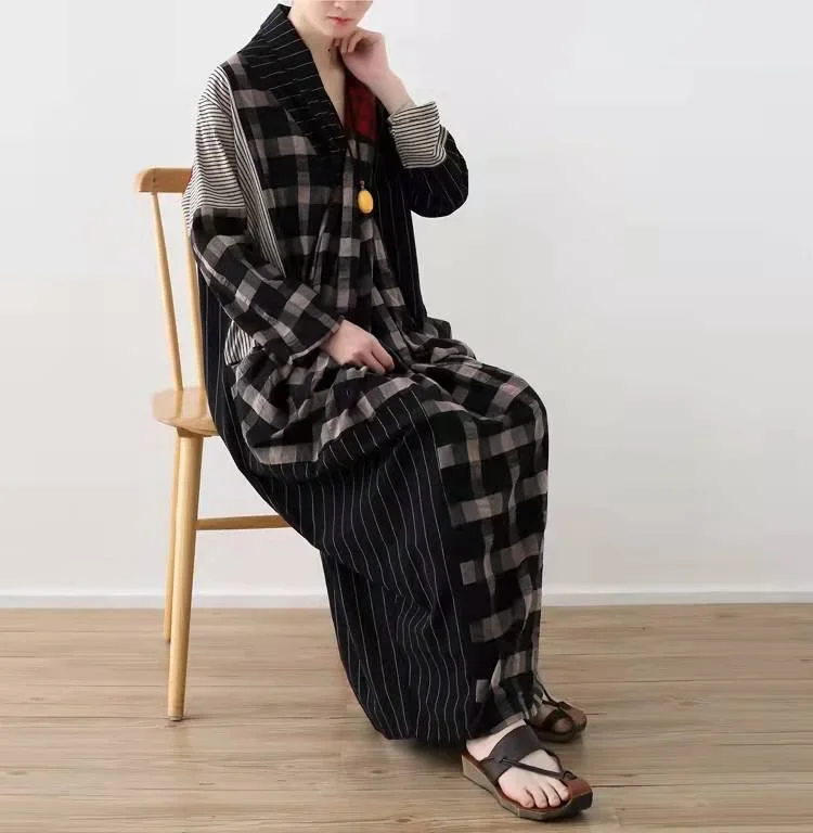 Art v neck linen patchwork koutfit Shape black plaid Dresses