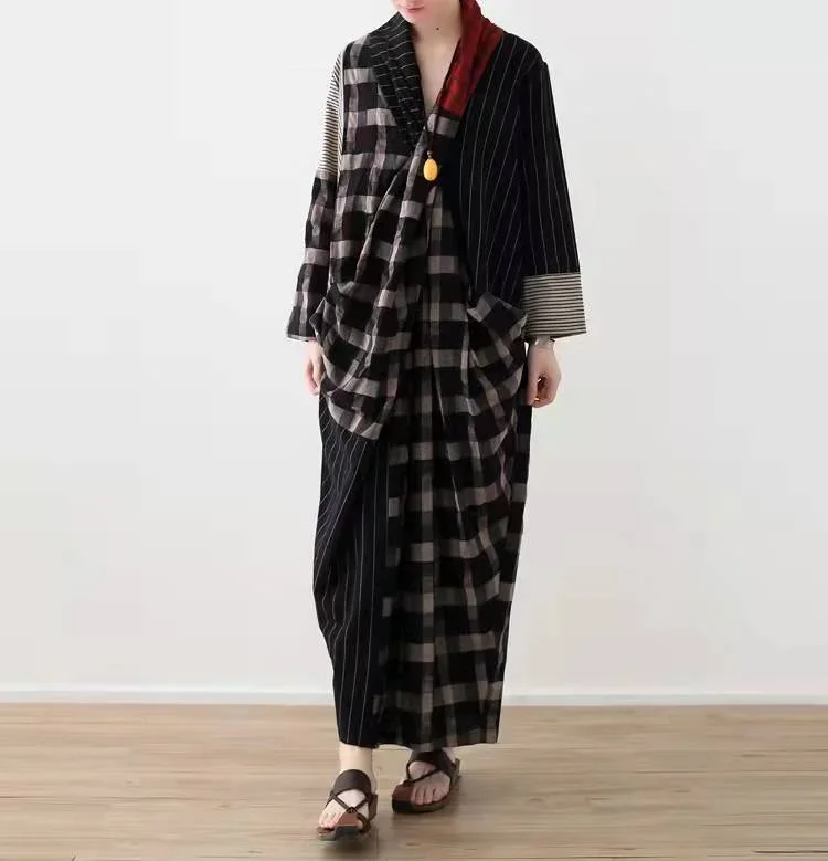 art-v-neck-linen-patchwork-koutfit-shape-black-plaid-dresses