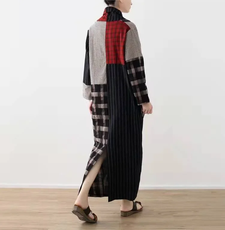 art-v-neck-linen-patchwork-koutfit-shape-black-plaid-dresses