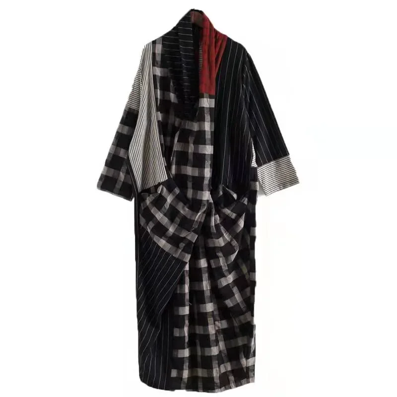 art-v-neck-linen-patchwork-koutfit-shape-black-plaid-dresses