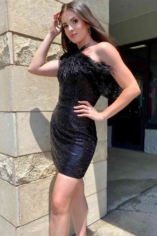 Balck Sequins One Shoulder Tight Homecoming Dress with Feather