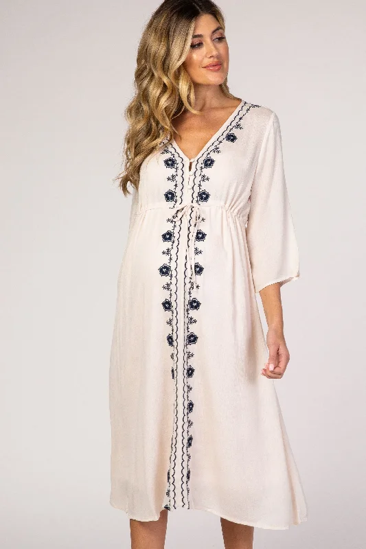 beige-floral-embroidered-3-4-sleeve-maternity-midi-dress