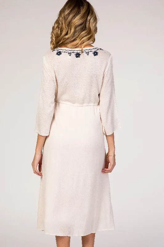 beige-floral-embroidered-3-4-sleeve-maternity-midi-dress