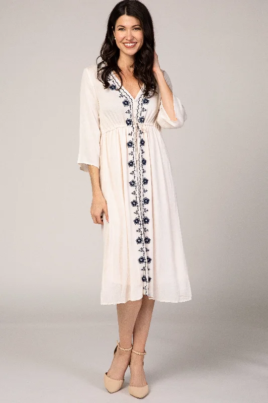 beige-floral-embroidered-3-4-sleeve-maternity-midi-dress