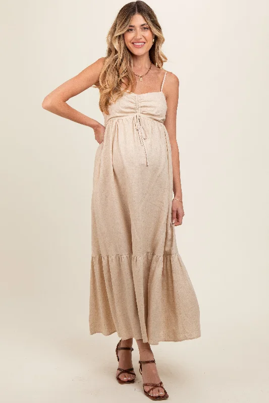 Beige Linen Front Cinch Maternity Midi Dress