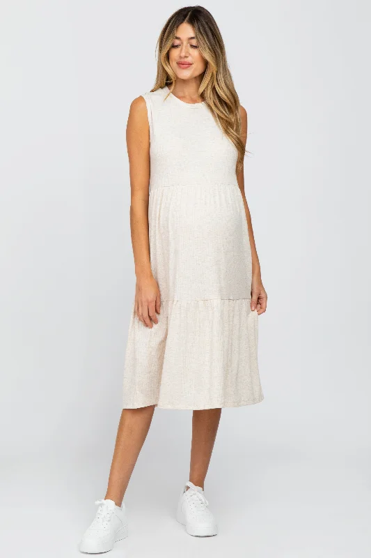 Beige Ribbed Sleeveless Maternity Midi Dress