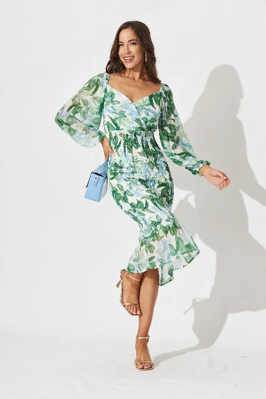 Bernadine Midi Dress In White With Green Floral