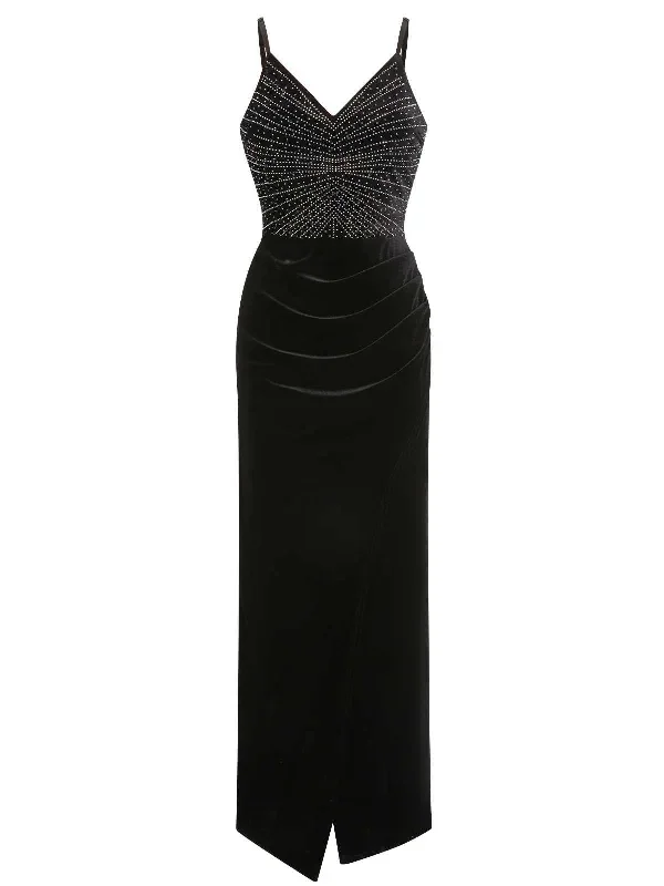 black-1960s-spaghetti-strap-velvet-beading-dress