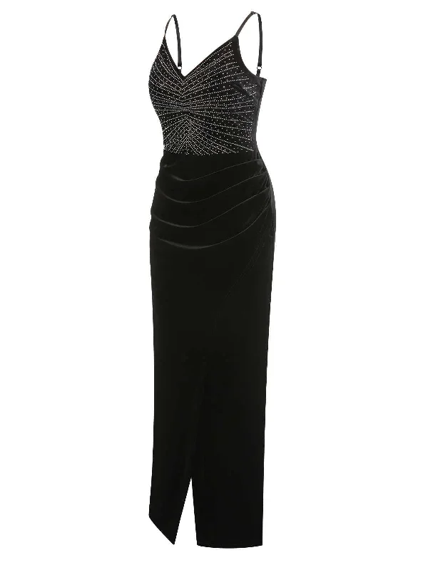 black-1960s-spaghetti-strap-velvet-beading-dress