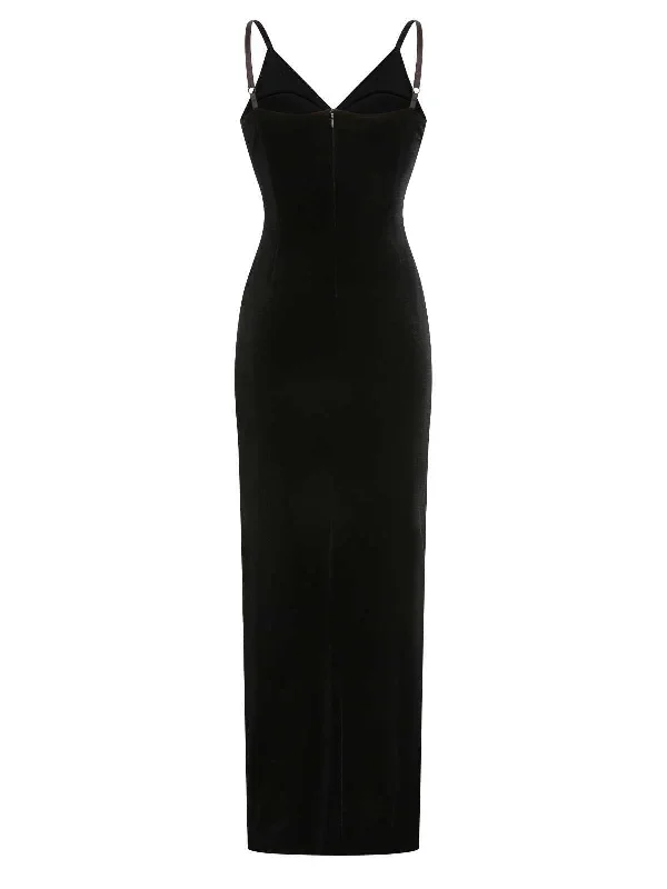 black-1960s-spaghetti-strap-velvet-beading-dress