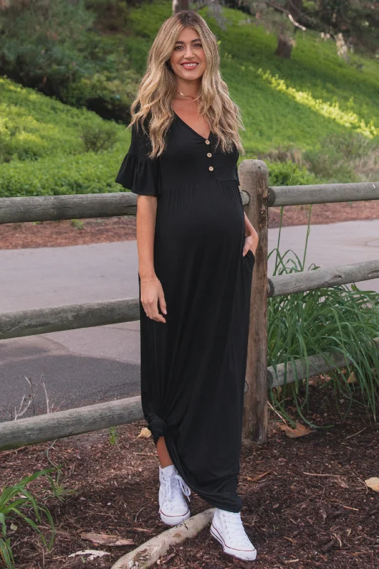 black-button-ruffle-sleeve-maternity-maxi-dress