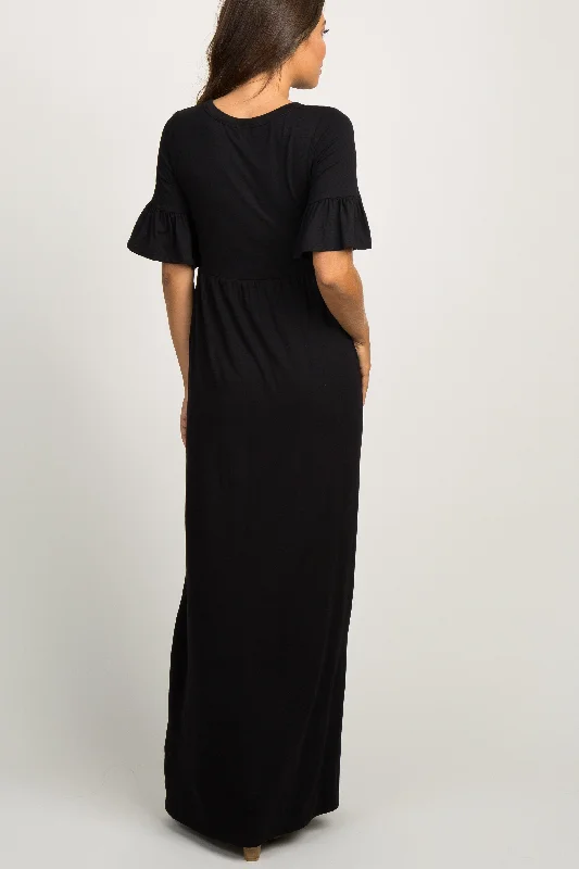 black-button-ruffle-sleeve-maternity-maxi-dress