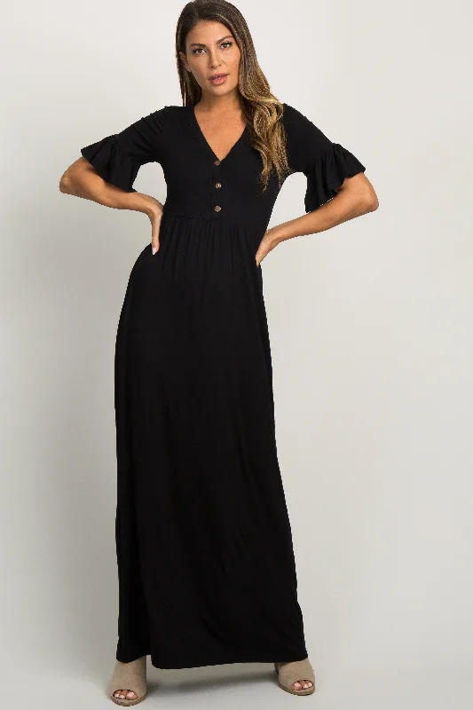 black-button-ruffle-sleeve-maternity-maxi-dress