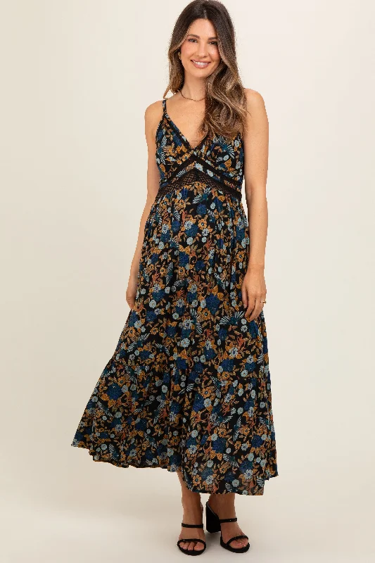 Black Floral Crochet Inset V-Neck Maternity Midi Dress