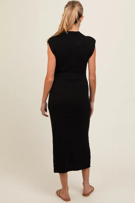 black-knit-mock-neck-maternity-midi-dress-1