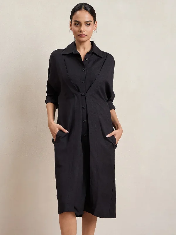 Black Linen Button Down Midi Dress