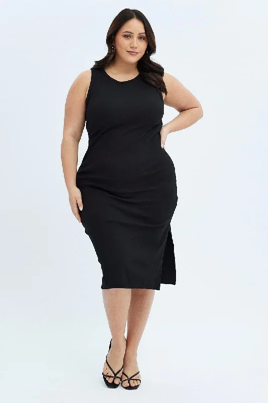 Black Midi Dress Rib Jersey Fitted Sleeveless