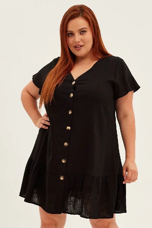 Black Mini Dress Drop Hem Button Through Linen Blend