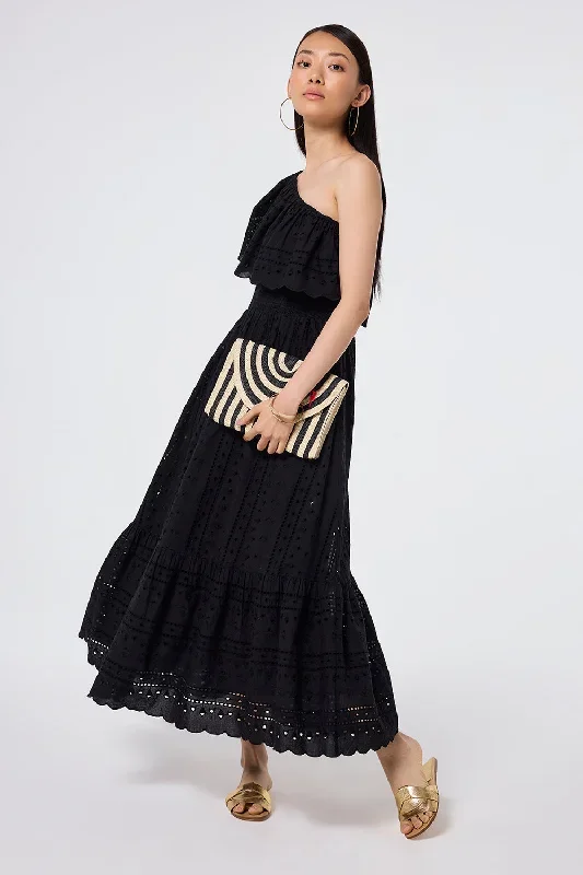 Black One Shoulder Broderie Tiered Midi Dress