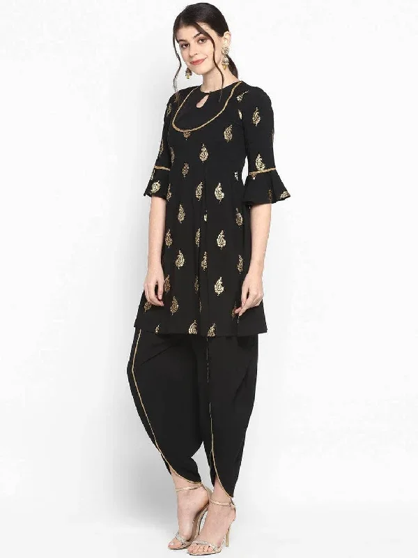 Black Poly Crepe Gold Print Kurti with Dhoti Pant