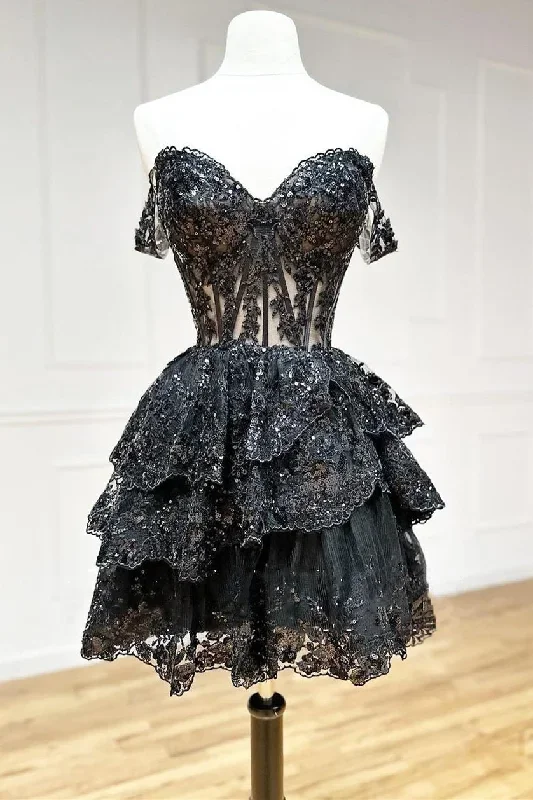 Black Sequin-Embroidery Sweetheart A-Line Tiered Homecoming Dress