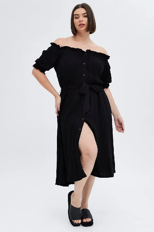 Black Short Sleeve Linen Button Midi Dress