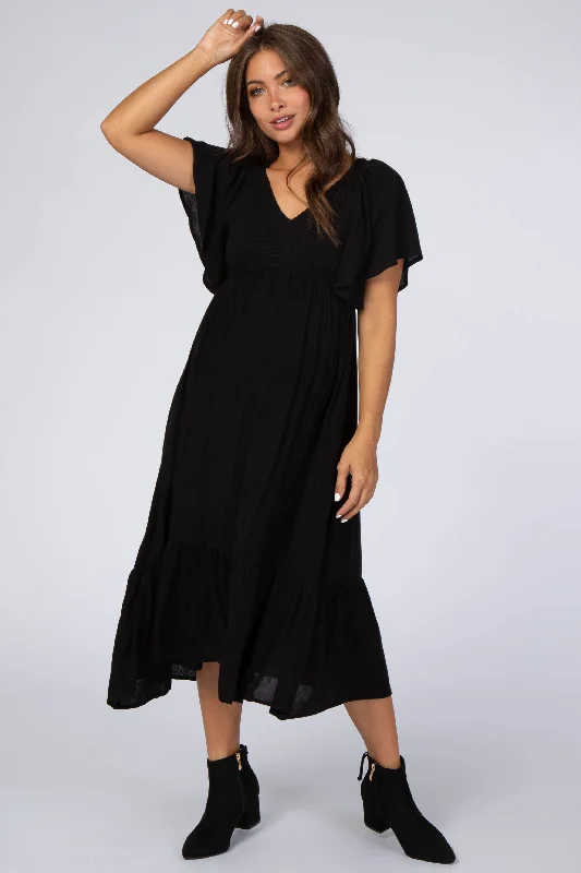 Black Smocked Ruffle Maternity Dress