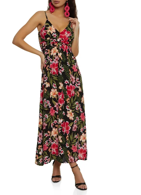 Tropical Floral Print Empire Waist Maxi Dress