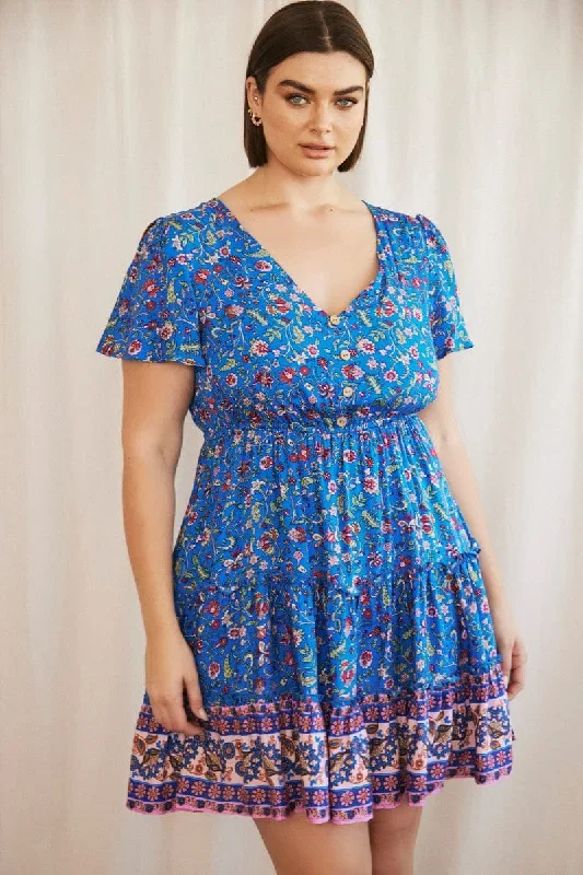 Blue Boho Fit And Flare Dress Short Sleeve V Neck