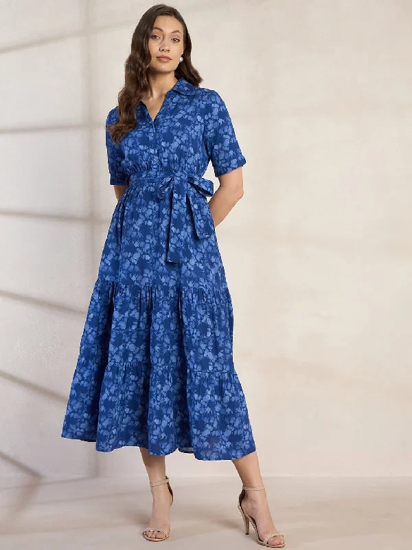 Blue Floral Print Tiered Maxi Shirt Dress