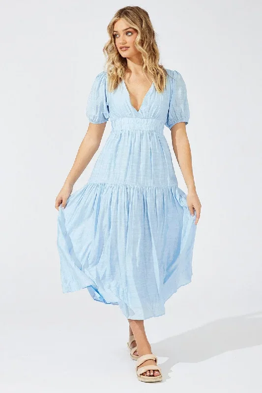 Blue Maxi Dress Puff Sleeve