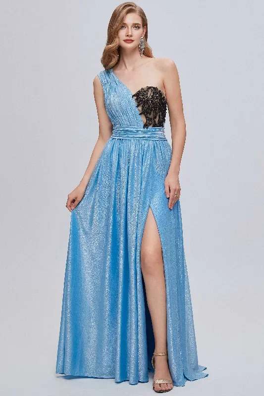 Blue One-Shoulder Bustier A-Line Long Prom Gown