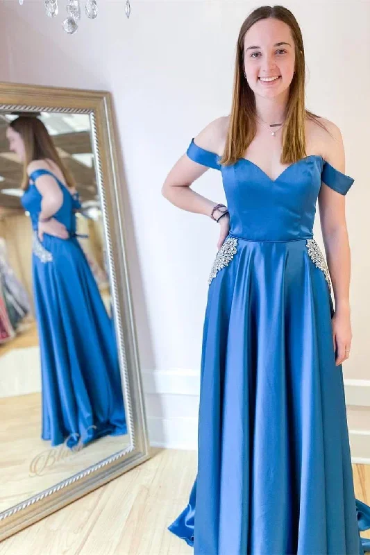 Blue Off-the-Shoulder Backless Rhinestone Prom Dress