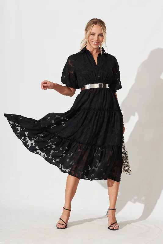 Brittney Midi Dress In Black Burnout Chiffon